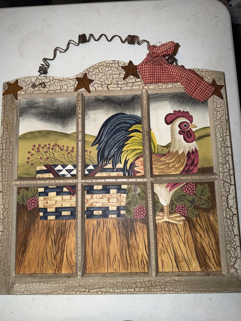 Folk Art Rooster Window Wall Plaque - Multicolor